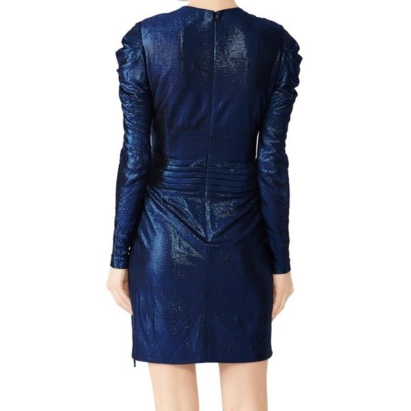 Jonathan Simkhai Metallic Blue Wrap Puff Sleeve Dress (M) - Picture 3 of 11